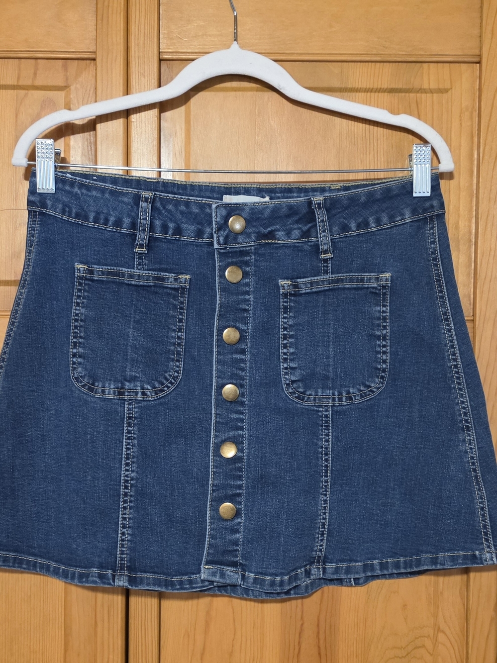 Altar'd State Denim Button-Front A-Line Skirt in Dark Blue